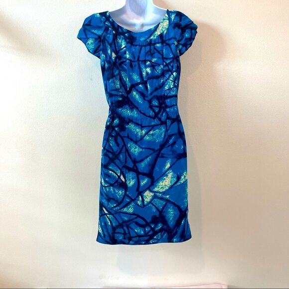 Yoana Baraschi Blue Dress With Chartreuse Accent Belt 100% Silk  Anthropologie - Picture 15 of 16